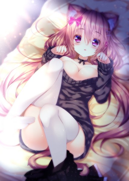 Anime picture 858x1200 with original ojitcha single long hair tall image looking at viewer blush fringe breasts light erotic hair between eyes brown hair large breasts purple eyes animal ears cleavage tail lying parted lips animal tail