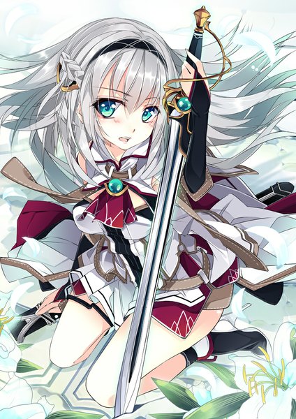 Anime picture 707x1000 with original shirokitsune single long hair tall image blush fringe breasts open mouth sitting holding braid (braids) aqua eyes from above grey hair side braid girl flower (flowers) weapon sword