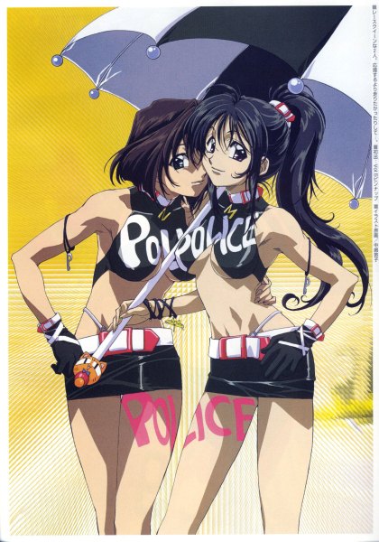 Anime picture 1679x2400 with you're under arrest studio deen kobayakawa miyuki tsujimoto natsumi nakajima atsuko long hair tall image short hair light erotic black hair simple background brown hair purple eyes multiple girls ponytail scan grey eyes framed shared umbrella police