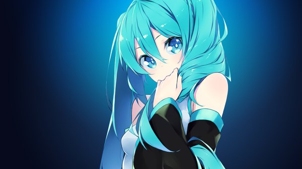 Anime picture 3840x2160 with vocaloid hatsune miku assassinwarrior fhang single long hair looking at viewer fringe highres simple background hair between eyes wide image twintails bare shoulders absurdres upper body nail polish aqua eyes fingernails aqua hair