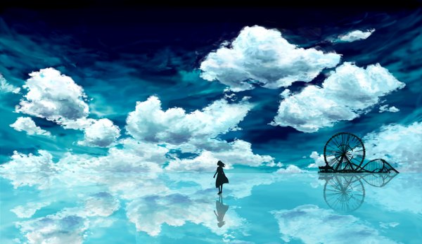 Anime picture 1728x1000 with kkxt (artist) highres wide image sky cloud (clouds) wind reflection landscape silhouette girl ferris wheel amusement park