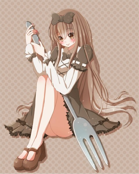 Anime picture 853x1066 with original hiro (hirohiro31) single long hair tall image looking at viewer blush light erotic brown hair brown eyes girl dress bow hair bow fork