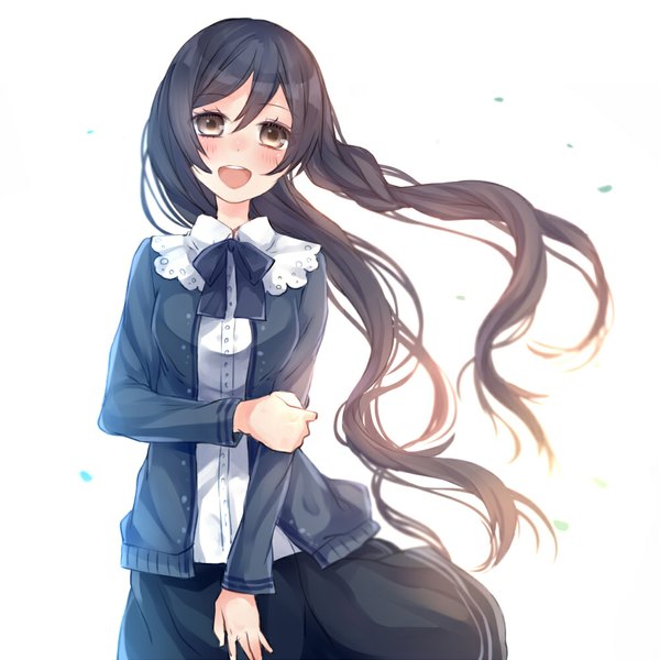Anime picture 1000x1000 with original aquariumtama single long hair looking at viewer blush open mouth black hair simple background white background brown eyes girl dress