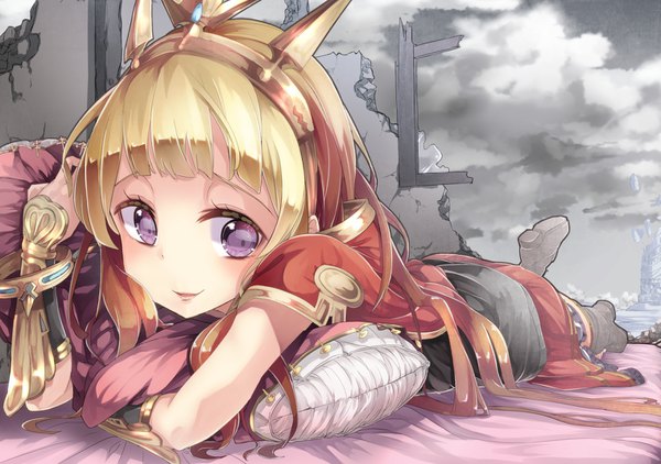 Anime picture 1519x1070 with granblue fantasy cagliostro (granblue fantasy) saraki single long hair fringe smile purple eyes looking away lying blunt bangs parted lips hug on stomach ruins perspective girl skirt boots bracelet