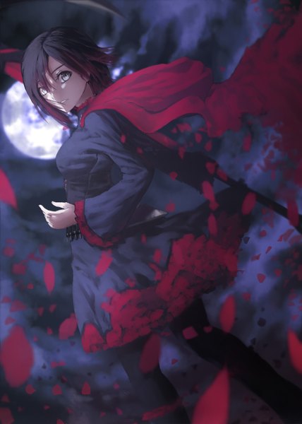Anime picture 1000x1400 with rwby rooster teeth ruby rose rinnemi single tall image looking at viewer fringe short hair black hair hair between eyes standing cloud (clouds) outdoors long sleeves parted lips looking back multicolored hair wind night