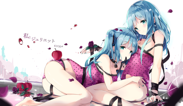 Anime picture 2039x1180 with vocaloid watashi to juliet (vocaloid) hatsune miku asahi kuroi single long hair highres blue eyes light erotic wide image holding blue hair underwear only mouth hold ribbon in mouth girl underwear panties flower (flowers) ribbon (ribbons)