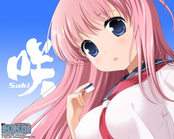 Anime picture 1280x1024 with saki haramura nodoka kobayashi ritsu single long hair blush blue eyes light erotic pink hair girl serafuku