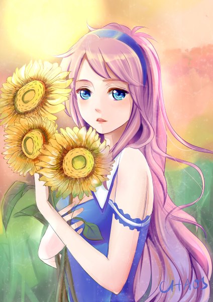 Anime picture 3507x4960 with vocaloid megurine luka chaos (artist) single long hair tall image looking at viewer blush highres blue eyes pink hair absurdres girl dress flower (flowers) sunflower