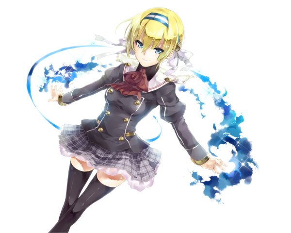 Anime picture 1250x1000 with original yuugen single short hair blue eyes blonde hair white background pleated skirt spread arms girl thighhighs skirt uniform black thighhighs school uniform hairband