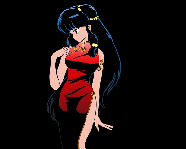 Anime picture 1280x1024 with ranma 1/2 shampoo (ranma 1/2) long hair blue eyes black hair simple background profile black background chinese clothes girl hair ornament jewelry chinese dress