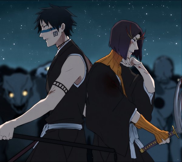 Anime picture 840x750 with bleach studio pierrot hisagi shuuhei ayasegawa yumichika yukin (es) short hair black hair bare shoulders looking away traditional clothes japanese clothes profile night multiple boys tattoo night sky blood on face bloody clothes bloody weapon boy