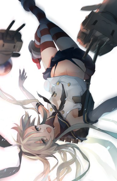 Anime picture 828x1286 with kantai collection shimakaze destroyer rensouhou-chan bunkyo takemi long hair tall image looking at viewer open mouth light erotic simple background blonde hair white background yellow eyes zettai ryouiki :3 upside down girl thighhighs skirt gloves