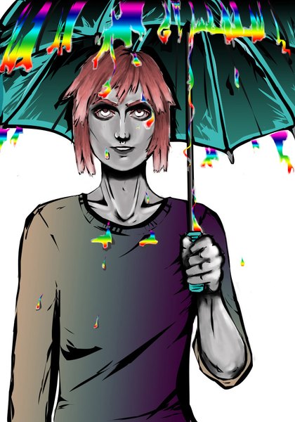 Anime picture 700x1000 with original sota single tall image fringe short hair simple background brown hair white background upper body parted lips looking up rain eyeshadow white eyes grey skin boy umbrella sweater