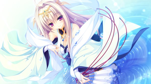 Anime picture 1920x1080 with kujiragami no tearstilla tenkawa mitsuki mikagami mamizu single long hair looking at viewer blush highres smile wide image purple eyes game cg white hair girl dress hair ornament detached sleeves water fan