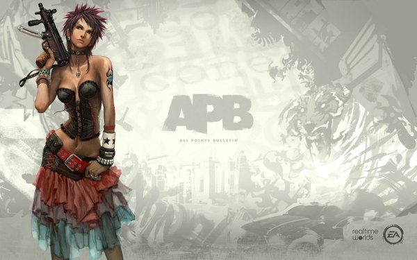 Anime picture 1600x1000 with apb arnistotle single long hair light erotic black hair standing white background bare shoulders brown eyes looking away pink hair cleavage nail polish realistic inscription bare belly tattoo wallpaper copyright name