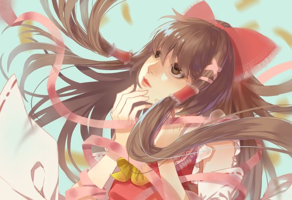 Anime picture 2952x2031 with touhou hakurei reimu sevennine single long hair fringe highres brown hair brown eyes lips looking up girl hair ornament bow ribbon (ribbons) hair bow hair ribbon detached sleeves petals