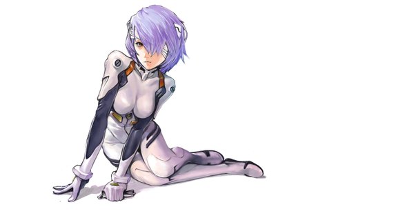 Anime picture 2800x1476 with neon genesis evangelion gainax ayanami rei single looking at viewer highres short hair simple background wide image white background brown eyes blue hair bandage over one eye girl bodysuit bandage (bandages) pilot suit