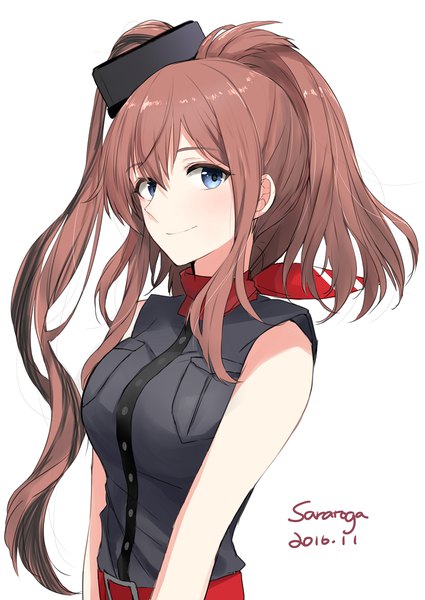 Anime picture 753x1063 with kantai collection saratoga (kantai collection) morinaga (harumori) single long hair tall image looking at viewer blue eyes simple background smile brown hair white background upper body sleeveless character names dated remodel (kantai collection) girl neckerchief