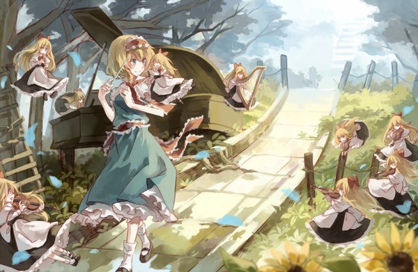 Anime picture 1226x800 with touhou alice margatroid shanghai asuka (louyun) long hair blush short hair open mouth blue eyes blonde hair smile eyes closed short sleeves flying conductor girl dress flower (flowers) bow plant (plants)