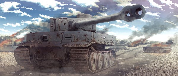 Anime picture 1500x646 with original earasensha wide image sky cloud (clouds) battle war weapon gun ground vehicle fire tank caterpillar tracks