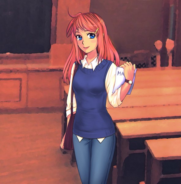 Anime picture 1920x1951 with everlasting summer iichan eroge ulyana (everlasting summer) orika nekoi single long hair tall image looking at viewer blush highres blue eyes smile standing red hair girl hairclip clothes jeans blue jeans