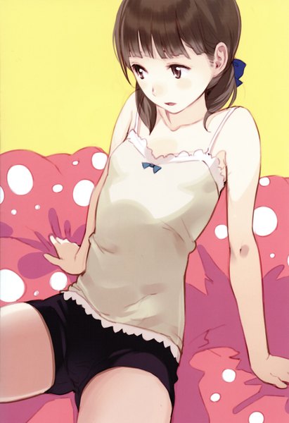 Anime picture 3179x4633 with original kishida mel single tall image highres short hair brown hair sitting bare shoulders brown eyes looking away absurdres girl shorts