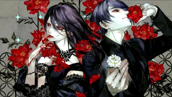 Anime picture 1630x918 with tokyo ghoul studio pierrot kamishiro rize tsukiyama shuu nishihara isao long hair looking at viewer fringe short hair smile red eyes wide image holding purple hair fingernails alternate costume finger to mouth pale skin black sclera girl