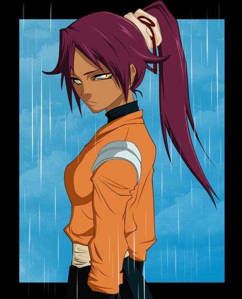 Anime picture 1024x1264 with bleach studio pierrot shihouin yoruichi raizen13 single long hair tall image yellow eyes sky purple hair cloud (clouds) ponytail red hair looking back coloring rain framed girl belt