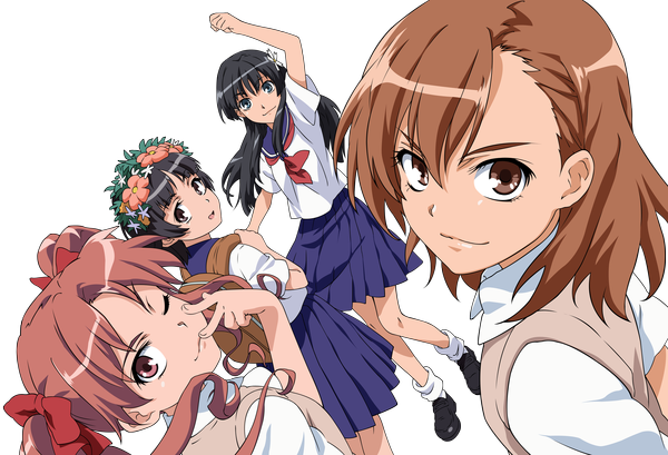 Anime picture 4385x2992 with to aru kagaku no railgun j.c. staff misaka mikoto shirai kuroko saten ruiko uiharu kazari maxxyne long hair highres short hair open mouth blue eyes black hair smile brown hair twintails multiple girls brown eyes absurdres one eye closed