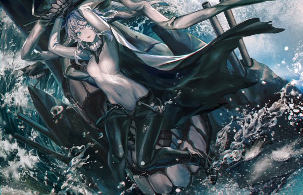 Anime picture 1200x773 with kantai collection wo-class aircraft carrier infukun looking at viewer short hair blue eyes bent knee (knees) white hair parted lips arms up shinkaisei-kan girl gloves navel black gloves water bubble (bubbles) tentacles