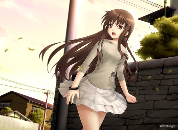 Anime picture 1723x1264 with original kopianget single long hair highres open mouth brown hair brown eyes sky cloud (clouds) braid (braids) pleated skirt sunlight girl hair ornament plant (plants) tree (trees) hairclip leaf (leaves) house