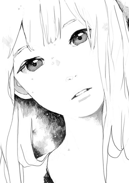 Anime picture 600x849 with original tae (artist) single long hair tall image looking at viewer fringe parted lips head tilt monochrome portrait close-up face girl