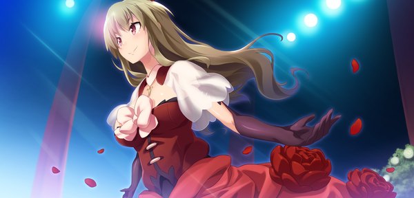 Anime picture 2250x1080 with brava! long hair highres red eyes brown hair wide image game cg girl dress gloves flower (flowers) petals elbow gloves