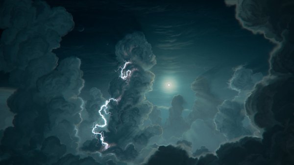 Anime picture 1280x718 with original justinas vitkus wide image sky cloud (clouds) night no people crescent lightning science fiction moon sun planet