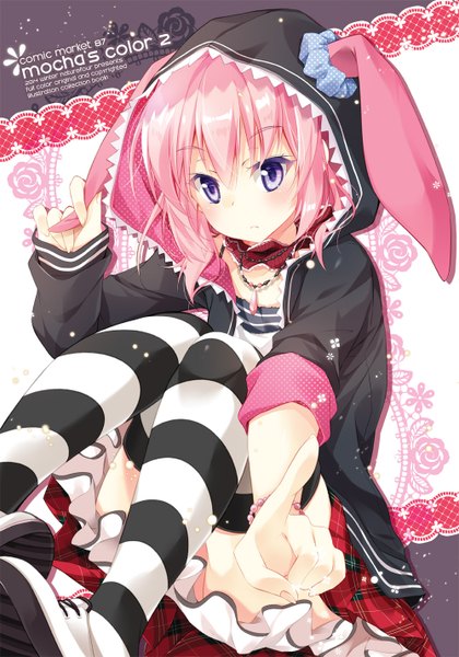 Anime picture 1000x1428 with original mocha (naturefour) single tall image blush short hair blue eyes sitting animal ears pink hair bunny ears girl thighhighs hood striped thighhighs