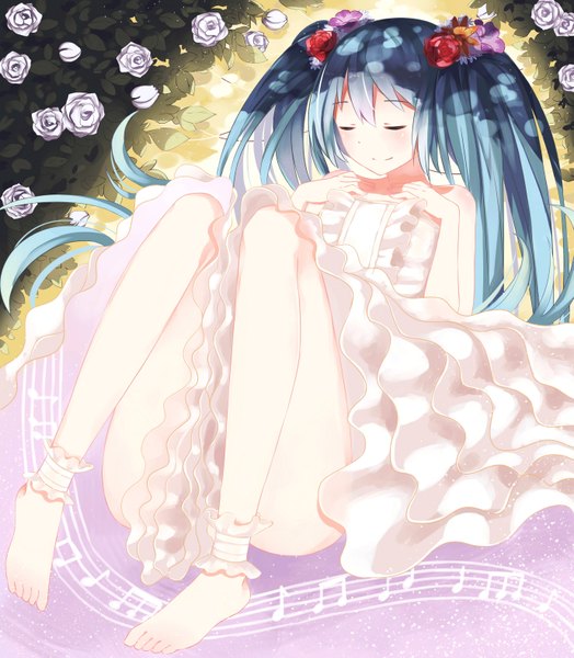 Anime picture 2755x3151 with vocaloid hatsune miku gkn levi single tall image highres twintails eyes closed very long hair barefoot hair flower aqua hair girl dress hair ornament flower (flowers) musical note