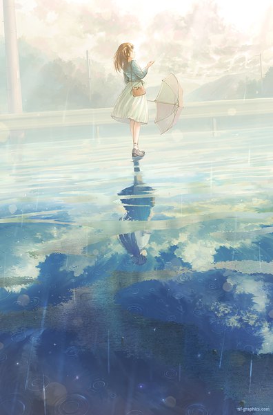 Anime picture 750x1137 with original suchfolder long hair tall image fringe black hair brown hair standing multiple girls holding brown eyes sky cloud (clouds) reflection rain different reflection girl 2 girls socks shoes