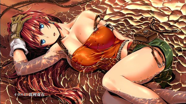 Anime picture 1920x1080 with suisei no gargantia production i.g bellows (suisei no gargantia) himura kiseki single long hair highres breasts open mouth blue eyes light erotic wide image bare shoulders cleavage red hair armpit (armpits) partially submerged end card girl gloves