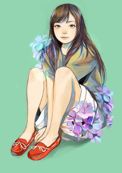 Anime picture 2827x4000 with original zashiki warashi (artist) junjunforever single long hair tall image looking at viewer fringe highres simple background brown hair sitting brown eyes full body realistic between legs green background girl shoes