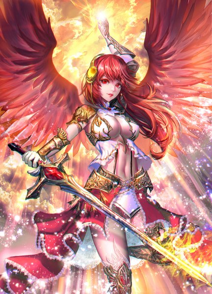 Anime picture 1300x1805 with sangrde single long hair tall image looking at viewer fringe breasts light erotic red eyes large breasts holding cloud (clouds) bent knee (knees) red hair light smile lips bare belly magic standing on one leg glow