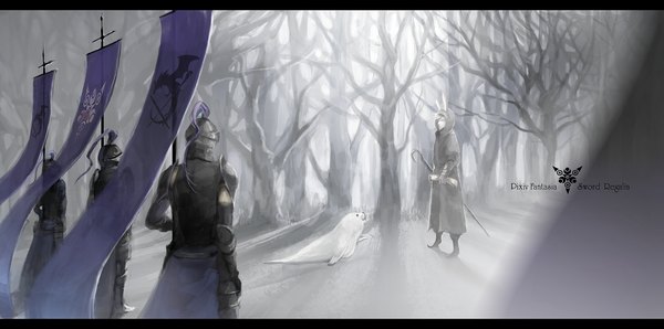 Anime picture 1812x900 with original pixiv fantasia pixiv pixiv fantasia sword regalia nicole pmonachi fringe highres wide image holding white hair from behind sunlight multiple boys back letterboxed winter snow bare tree boy gloves