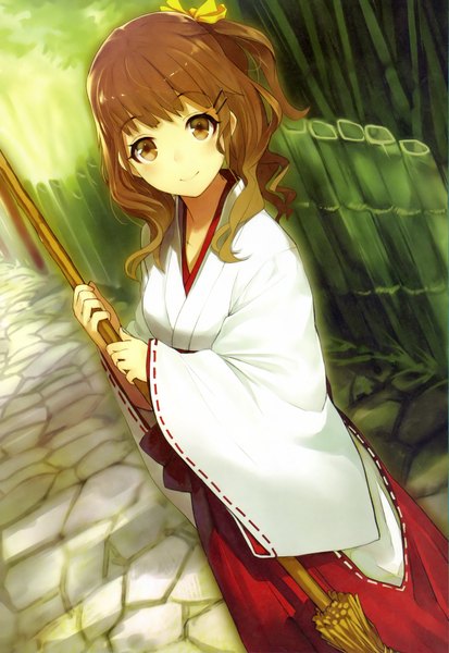 Anime picture 2577x3740 with original shirabi single long hair tall image looking at viewer blush highres smile brown hair standing brown eyes traditional clothes japanese clothes one side up wavy hair girl hair ornament plant (plants) hairclip