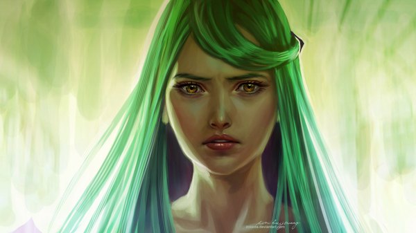 Anime picture 3203x1800 with zolaida (artist) single long hair looking at viewer highres wide image signed green hair lips realistic orange eyes portrait face girl