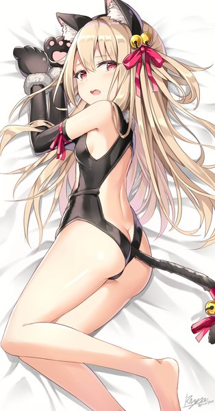 Anime picture 614x1173 with fate (series) fate/kaleid liner prisma illya illyasviel von einzbern prisma illya rin yuu single long hair tall image blush fringe open mouth light erotic blonde hair hair between eyes bare shoulders signed animal ears ass tail lying