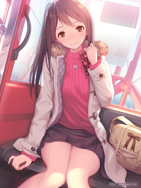 Anime picture 600x800 with ilog kuki hitomi mana kakkowarai single long hair tall image looking at viewer blush smile brown hair sitting brown eyes girl skirt sweater bag coat gift