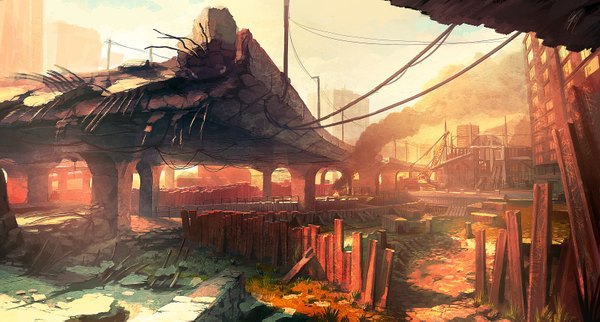 Anime picture 1600x861 with original antifan real (artist) wide image city smoke cityscape ruins bridge