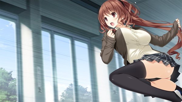 Anime picture 1280x720 with kiss bell giga kajiya ayano long hair open mouth light erotic red eyes brown hair wide image game cg ponytail pantyshot running girl thighhighs black thighhighs sweater