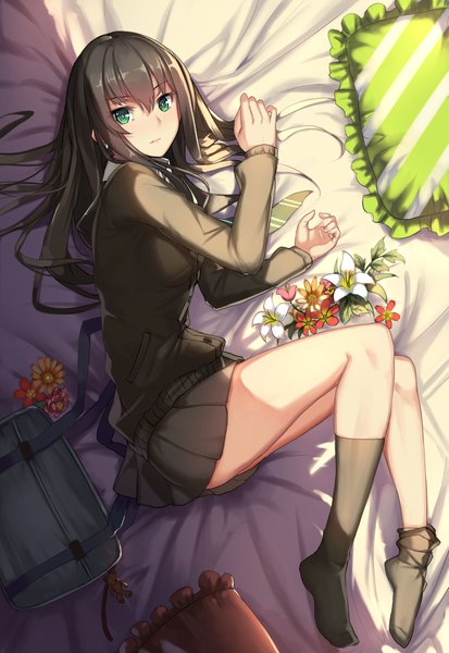 Anime picture 1253x1820 with idolmaster idolmaster cinderella girls shibuya rin musynexsk single long hair tall image looking at viewer blush fringe hair between eyes brown hair green eyes bent knee (knees) lying pleated skirt from above shadow on side striped