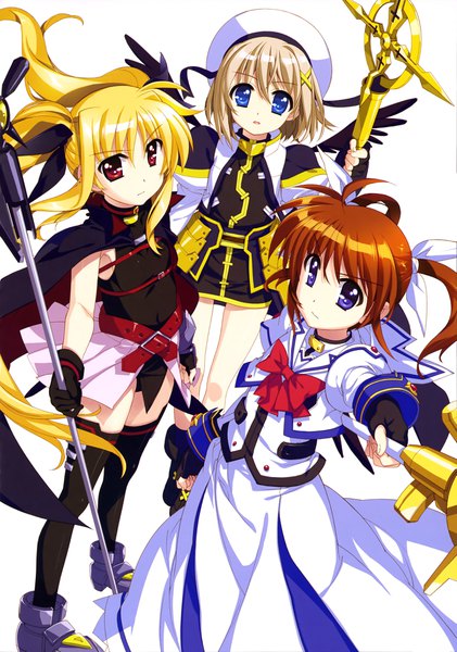 Anime picture 2873x4098 with mahou shoujo lyrical nanoha mahou shoujo lyrical nanoha strikers fate testarossa takamachi nanoha yagami hayate fujima takuya long hair tall image looking at viewer highres short hair blue eyes blonde hair red eyes white background purple eyes twintails multiple girls orange hair official art