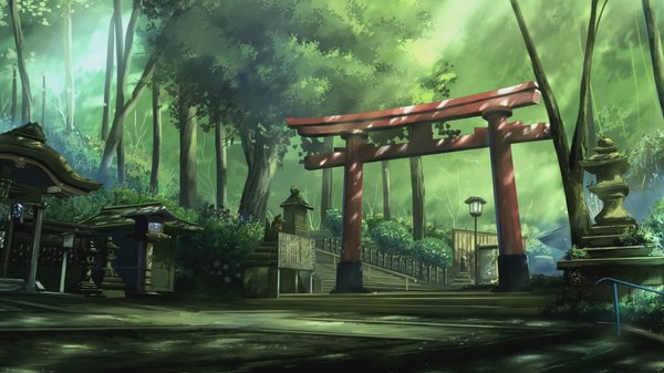 Anime picture 1920x1080 with original niko p highres wide image sunlight no people nature real world location fushimi inari taisha plant (plants) tree (trees) forest stairs torii lamppost statue shrine sign